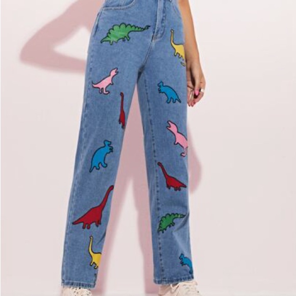Colorful Dinosaur Print Women Jeans